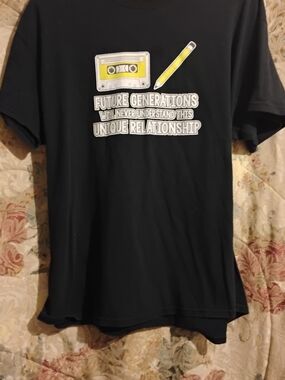 Black Short Sleeve Graphic Tee with Yellow Cassette and Pencil Artwork